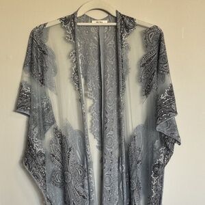 Mudd Brand Kimono Dusty Blue One Size Paisley Fringe Boho Whimsical Hippie Beach